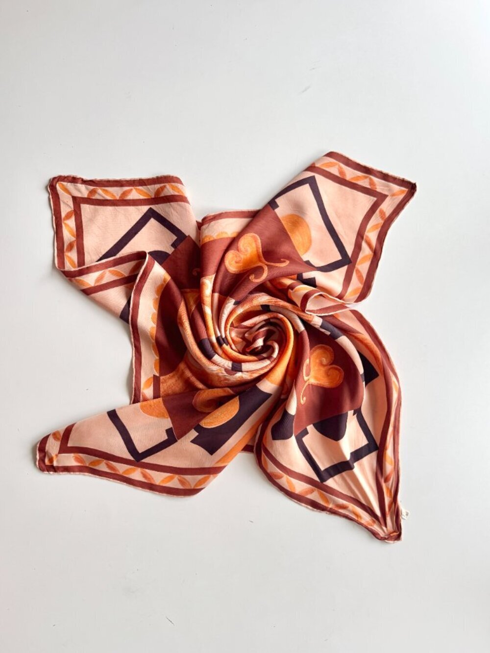 Vintage RHODIA Brown Heart Print Acetate Satin Twill 31" x 29" Square Scarf Bli